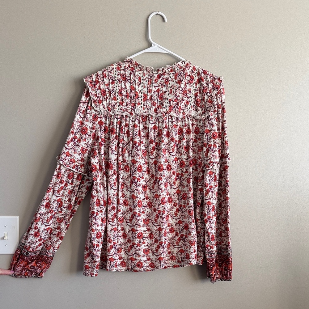 Wonderly Cream Blouse with Red Floral Print and Tassel Tie - Picture 3 of 4